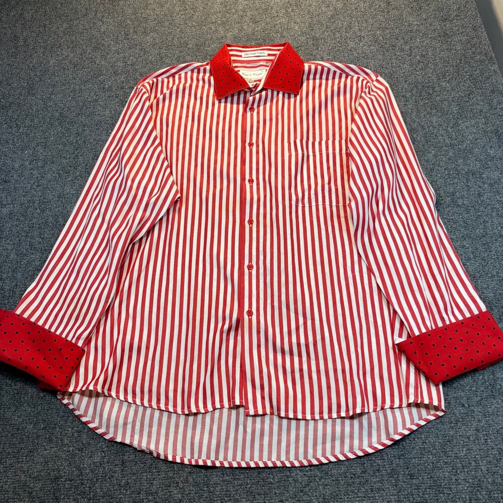 Karl Knox Mens Long Sleeve Dress Shirt Red White Stripe Polka Dot Cuffs 18.5 34